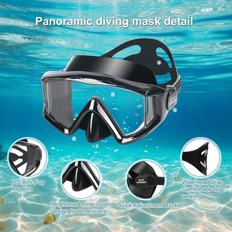EXP VISION Snorkel Set Pano 3 Window Adult Snorkeling Gear, Professional Snorkel Goggles Anti-Fog Diving Mask, Anti-Leak Swim Goggles and Dry Top Snorkel for Diving, Snorkeling, Swimming - Image 2